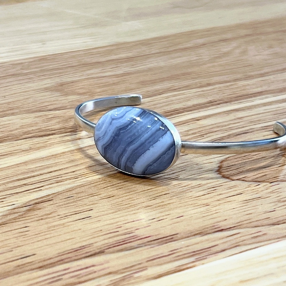 Silver Cuff Bracelet with Blue Lace Agate Stone